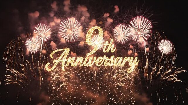 Golden ninth anniversary text with fireworks in night sky