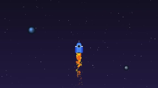 Blue rocket flying through dark outer space in a flat minimalist digital motion animation video clip