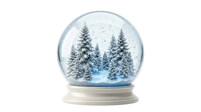 Christmas snow globe with pine trees and falling snow isolated on transparent background