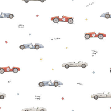 Retro Race Cars Seamless Pattern with Checkered Flags and Cute Handwritten Text