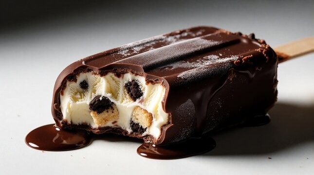 Chocolate ice cream bar with cookie chunks and vanilla filling has a bite taken out. It melts slightly, showing rich dark chocolate coating on a wooden stick, isolated on white.