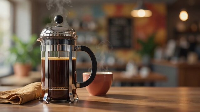 Freshly brewed coffee in french press on wooden table with displays steaming french black coffee background restaurant breakfast lifestyle with beverage