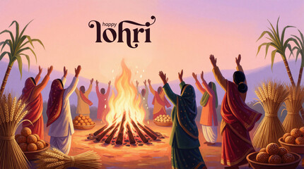 Fototapeta premium Indian people celebrate Lohri festival around large bonfire. Men, women in traditional clothes dance with hands raised. Harvest crops like sugarcane, wheat surround group. Warm evening sky glows