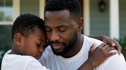 Fototapeta premium Black father embraces his young son with eyes closed. Man holds child close, showing love and support. Family bond, togetherness in a tender moment outdoors near a house.