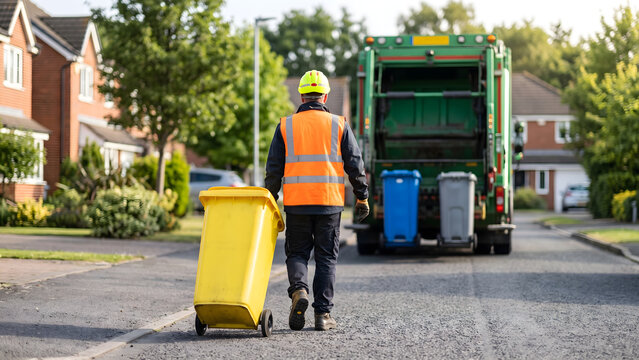 Garbage collector in high visibility vest walking with yellow waste bin toward a green recycling truck on a suburban street