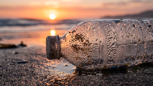 Plastic bottle waste polluting the sandy beach at sunset, highlighting environmental issues and ocean pollution