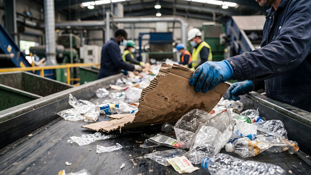 Workers sorting plastic and cardboard waste on a conveyor belt in a modern recycling facility