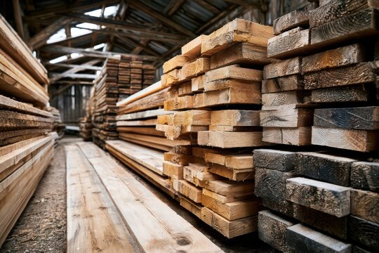 Carpentry workshop timber stack and boards