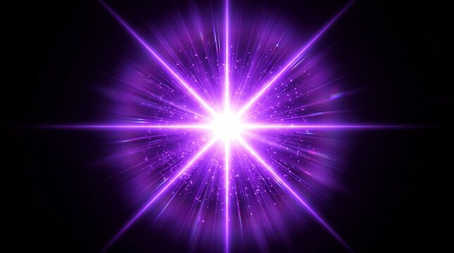 Bright purple light explosion with star rays on black