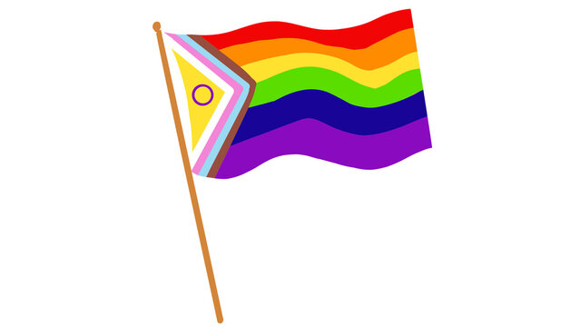 Waving Progress Pride flag on a flagpole against a dark background