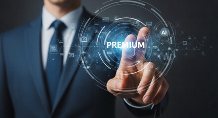Obraz premium Professional hand engaging with a futuristic virtual interface, selecting 'Premium' to unlock exclusive digital services and high-value technological business solutions