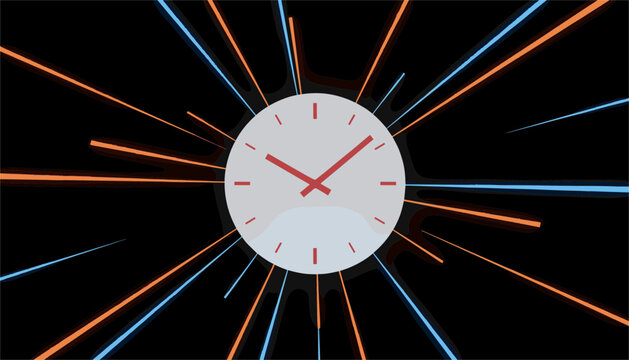 Stylized wall clock with red hands and markers serves as the central point for exploding orange and blue light beams on a dark background.