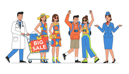 Fototapeta premium Diverse group of people including a doctor with a shopping cart, travelers, and a stewardess standing together.