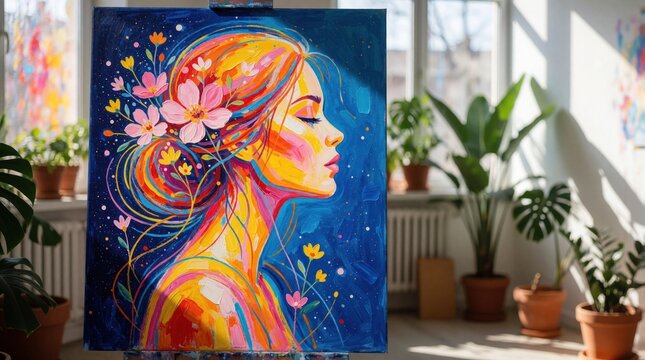 Colorful abstract painting of woman profile with flowers on canvas. Artwork sits on easel in bright art studio with green plants. Sunlight shines through window onto creative workspace. Vibrant oil