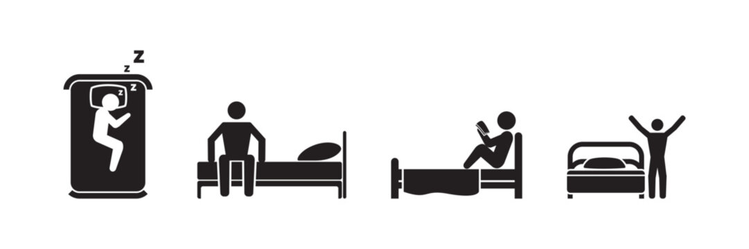 Bunk Bed and Single Bed Icon Collection, Bedroom Sleeping Furniture Symbols in Outline and Solid Black Designs, Twin Bed and Modern Bed Frame Illustration Isolated on White Background
