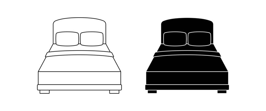 Bunk Bed and Single Bed Icon Collection, Bedroom Sleeping Furniture Symbols in Outline and Solid Black Designs, Twin Bed and Modern Bed Frame Illustration Isolated on White Background