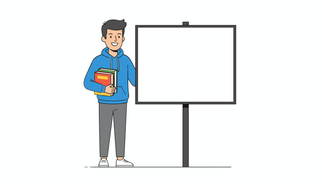 Smiling male student holding books and standing next to a large blank presentation board for custom text or copy space.