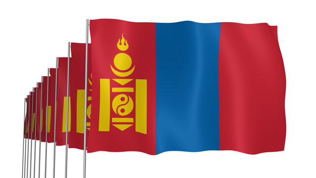 Multiple Mongolia Transparent Flags Waving on Blue Sky Background