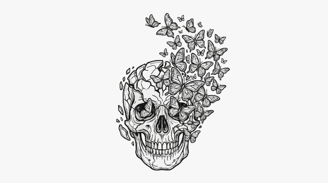 Skull with emerging butterflies line art illustration