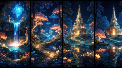 Fototapeta premium Magical fantasy landscape at night. Glowing trees, mystical temples stand near waterfall, river. Dreamy scenery with vibrant colors, starlight. Enchanted forest path leads to ancient architecture