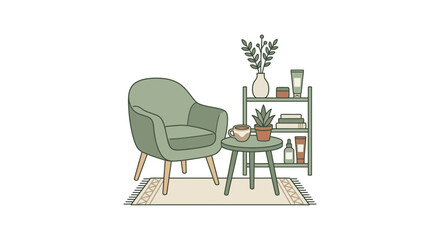 Fototapeta premium Relaxing home interior scene with armchair and shelf.