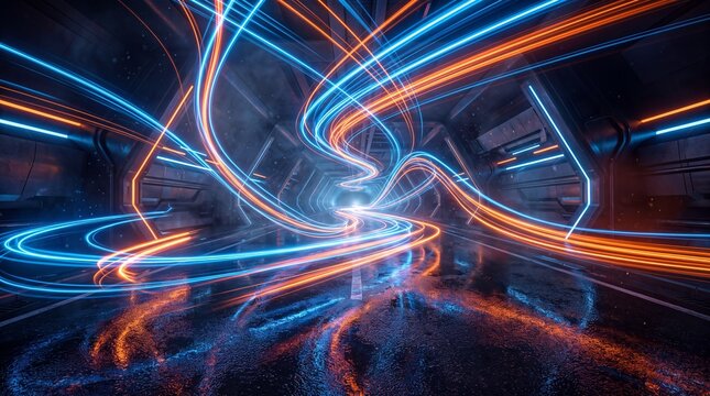 Abstract bright glowing neon light trails in dark space