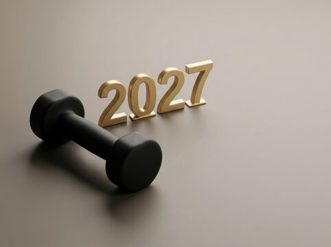 2027 Fitness Resolution with Black Dumbbell and Gold Numbers on Warm Gray Studio Background with Copy Space for Strength Training and Exercise Goal