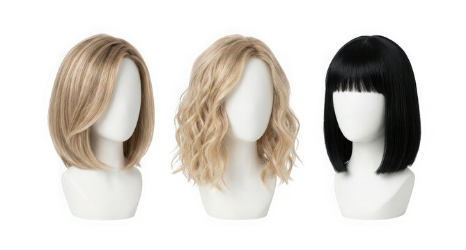 Three different styles of wigs on mannequin heads isolated on transparent background