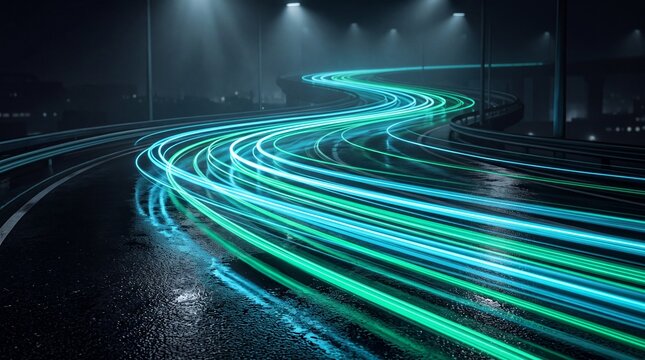 Blue light trails moving fast on a dark city road at night