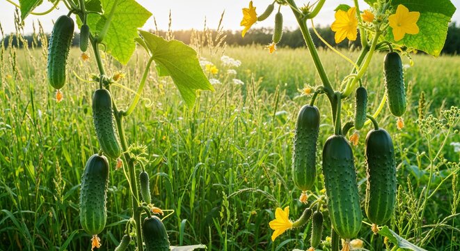 Fresh Greenhouse Cucumbers Growing on Green Lush Vines Outdoors With Beautiful Yellow Blossoms