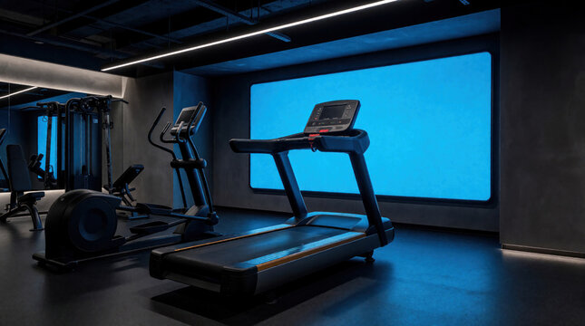 Modern dark gym interior with treadmill and elliptical machine. Futuristic fitness center with large blue screen and equipment. Virtual reality training zone for cardio workout and body building.