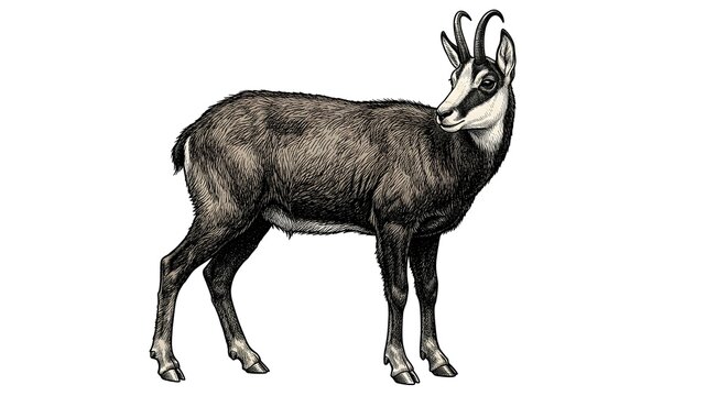Detailed vintage engraving style illustration of a wild chamois goat antelope standing