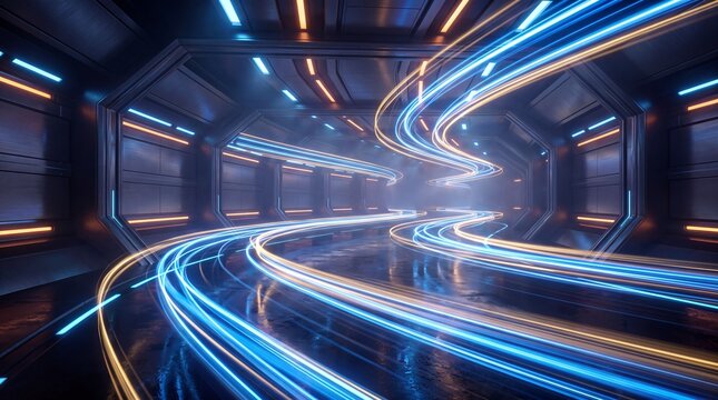 Abstract neon light streaks in a futuristic dark tunnel
