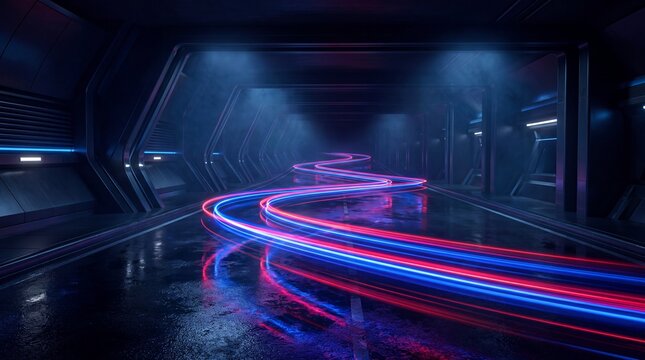 Neon light trails moving fast on a dark city road at night
