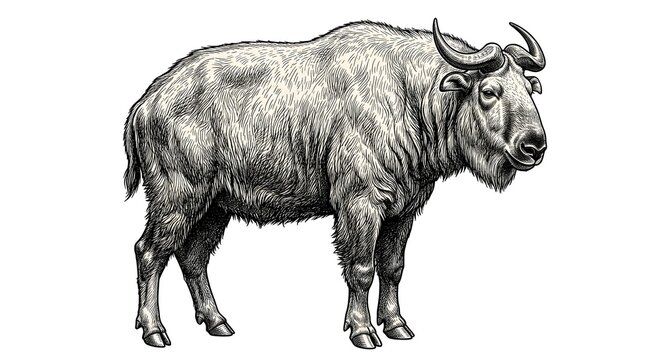 Detailed vintage engraving style illustration of a wild takin standing 