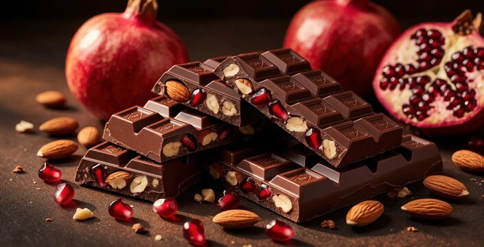Rich dark chocolate bars filled with nuts and juicy pomegranate seeds sit near whole fruits. Almonds and ruby arils surround the gourmet dessert.