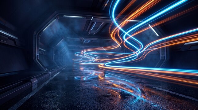 Abstract neon light streaks moving in dark space