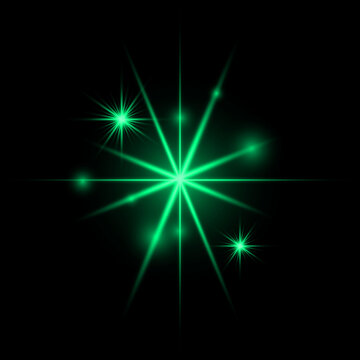 A vibrant and dynamic illustration of a green lens flare effect on a dark background showcasing light rays