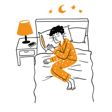 Healthy Sleep Routine Man Sleeping in Bed Night Time Illustration