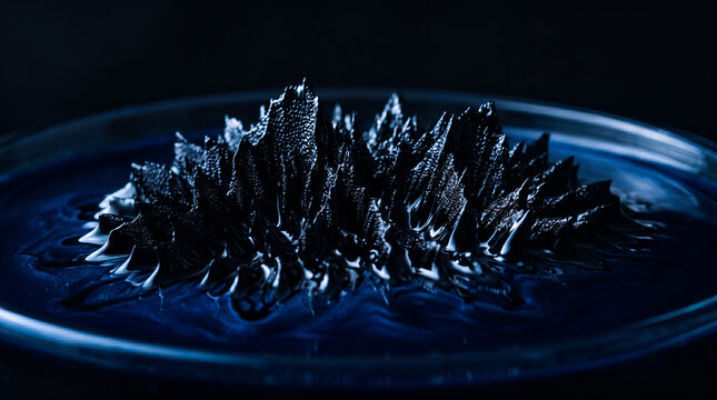 black ferrofluid spikes forming under magnetic field in petri dish with blue liquid surface