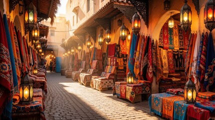 Obraz na płótnie Canvas Moroccan souk alley with hanging textiles and illuminated lanterns. Wares displayed on ground, cobblestone path, and people walk in distance.