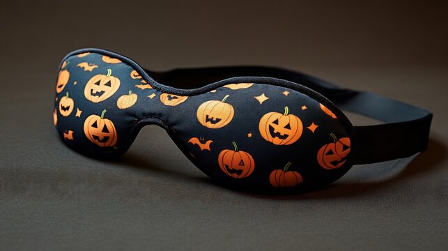 Halloween Themed Sleep Mask with Jack-O-Lantern and Bat Print on Dark Background