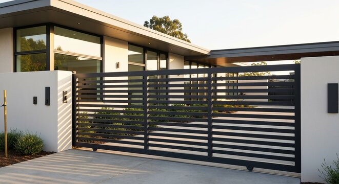 Elegant modern horizontal metal sliding driveway gate at a luxury contemporary residential entrance.