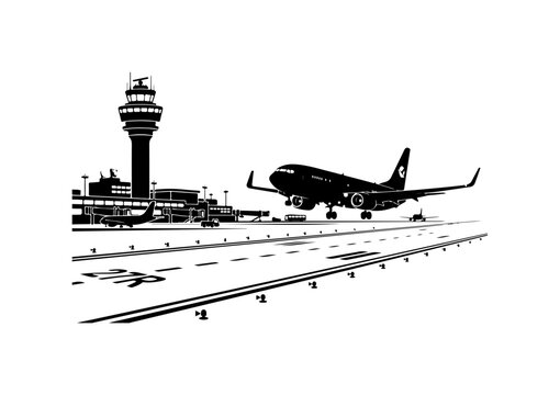 Monochrome line of a passenger jet on the taxiway near an airport terminal and control tower monochrome line passenger jet
