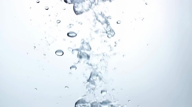 Bright high key water splash with rising bubbles and narrow liquid plume against pale white background, centered abstract composition with glossy transparent texture and clean fresh mood