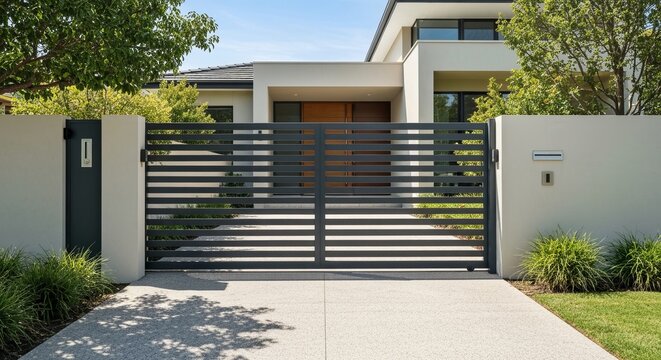 Elegant Modern Home Entrance Featuring A Sleek Horizontal Slatted Metal Sliding Privacy Gate Design