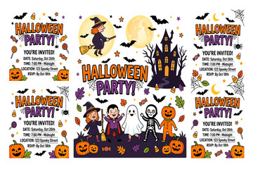 Fototapeta premium Halloween party invitation templates with cute cartoon characters and spooky elements