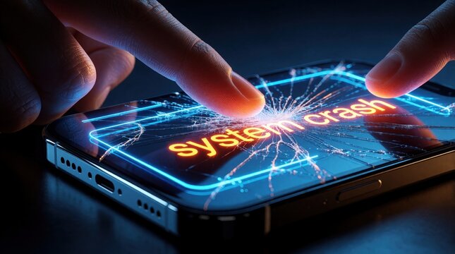 Fingers touch cracked phone screen displaying system crash alert. Digital error message glows on broken mobile device display. Tech problem concept.