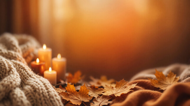 cozy autumn gradient background with candles and leaves