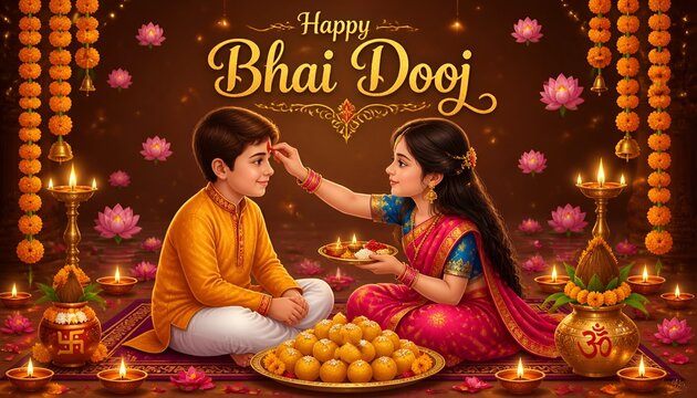 Happy bhai dooj celebration with sister applying tilak on brother forehead